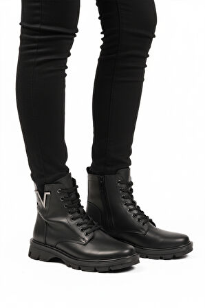 Siyah Cilt Bağcıklı Fermuarlı Polarlı Kaymaz Kadın Bot 351071 Z