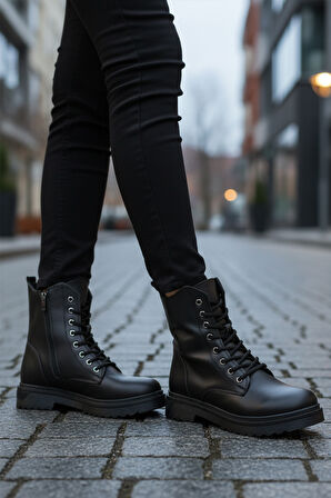 Siyah Cilt Kürklü Bağcıklı Fermuarlı Kaymaz Kadın Bot 525383 Z