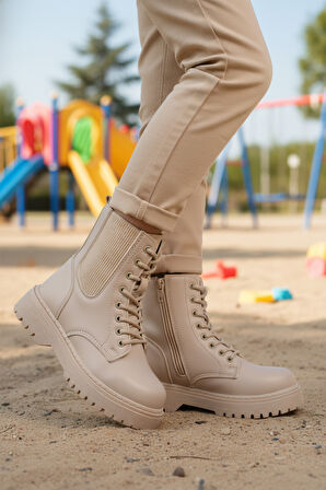 Bej Polarlı Kaymaz Soğuğa Dirençli Deri Çocuk Bot Tuno 07 F