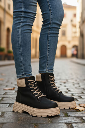 Siyah Bej Polarlı Kaymaz Taban Kadın Bot Serpa 5200 Z