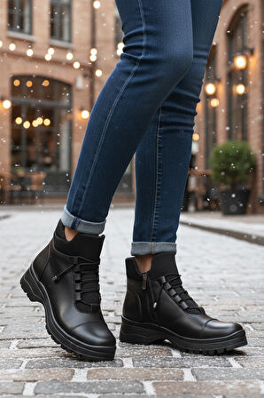 Siyah İçi Polarlı Soğuğa Dirençli Kaymaz Taban Kadın Bot 112 Z