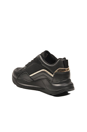 Siyah Altın Kalın Taban Bağcıklı Kadın Spor Ayakkabı 051 G