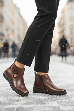 Kahve Hakiki Deri Anatomik Kaymaz Taban Kadın Bot Z406 Z