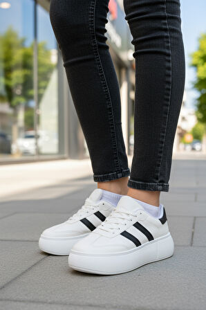 Beyaz Siyah Yüksek Taban Bağcıklı Unisex Sneaker DVS-01 Z