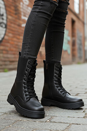 Siyah İçi Polarlı Fermuarlı Uzun Kaymaz Taban Kadın Bot 23002 Z