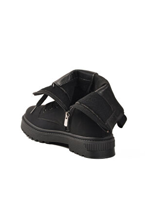 Siyah Nubuk İçi Polarlı Fermuarlı Uzun Kaymaz Taban Kadın Bot 23002 Z
