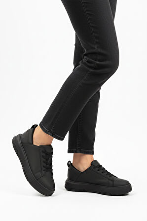 Siyah Kalın Taban Bağcıklı Unisex Spor Ayakkabı OZ-03 Z