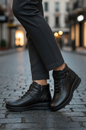 Siyah Hakiki Deri Anatomik Polarlı Kaymaz Kadın Bot Z438 Z