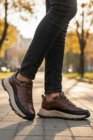 Kahve Hakiki Deri Bağcıklı Erkek Sneaker 25K570 M