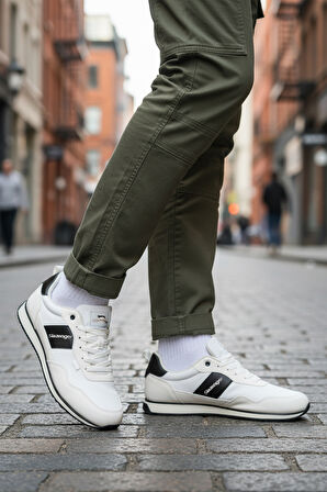 Beyaz Siyah Bağcıklı Cilt Erkek Spor Ayakkabı Offense M