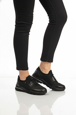 Siyah Nubuk Hakiki Deri Anatomik Kadın Casual Ayakkabı PLV061 Z