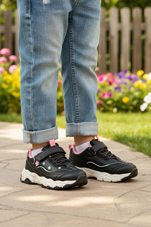 Siyah Cırtlı Hafif Fileli Esnek Kız Çocuk Spor Ayakkabı Bella Kısa F