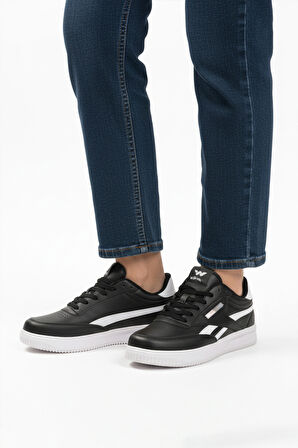 Siyah Beyaz Bağcıklı Hafif Cilt Erkek Spor Ayakkabı Marlow M