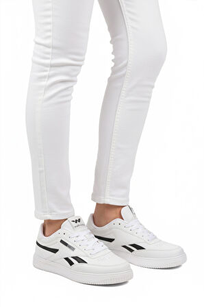 Beyaz Siyah Bağcıklı Hafif Cilt Erkek Spor Ayakkabı Marlow M