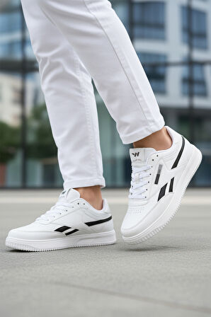 Beyaz Siyah Bağcıklı Hafif Cilt Erkek Spor Ayakkabı Marlow M