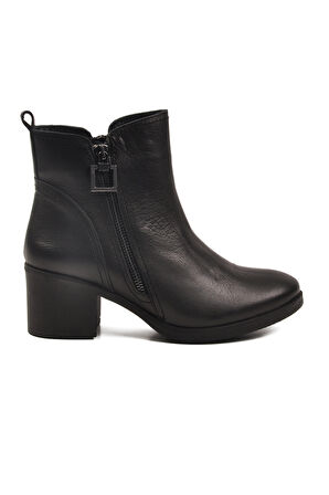 Siyah Hakiki Deri Fermuarlı Polarlı Kadın Topuklu Bot 92163-1 Z