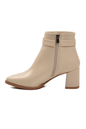 Krem İçi Kürklü Fermuarlı Kadın Topuklu Bot PC-54975 Z
