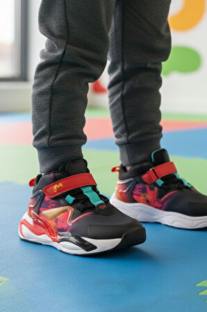 Siyah Kırmızı Cırtlı Hafif Esnek Erkek Çocuk Spor Ayakkabı 161-T5411102 F