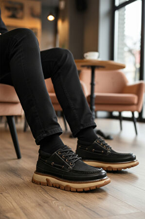 Siyah Nubuk Hakiki Deri Yüksek Taban Erkek Casual Ayakkabı 25K550 M