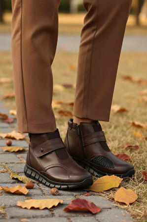 Kahve Hakiki Deri İçi Polarlı Cırtlı Fermuarlı Kaymaz Kadın Bot 3609 Z