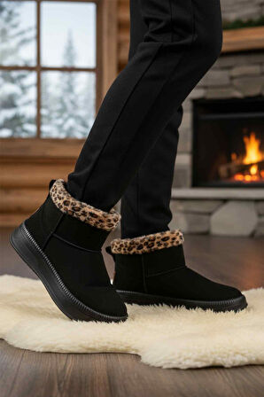 Siyah Leopar Kürklü Soğuğa Dirençli Kaymaz Kadın Bot 25001 Z
