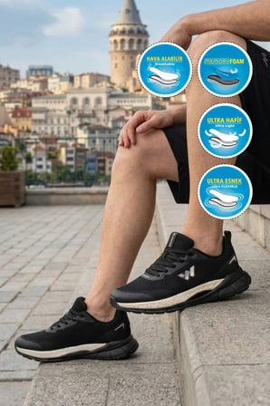 Siyah-Beyaz Hafızalı Taban İthal Fileli Hafif Esnek Erkek Spor Ayakkabı Relaxon M