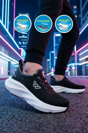 Siyah Beyaz Fileli Hafif Esnek Hafızalı Taban Unisex Spor Ayakkabı Flexnova M