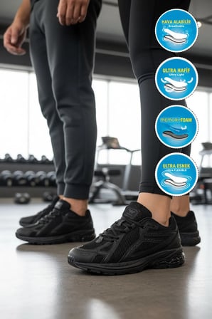 Siyah Fileli Hafif Esnek Hafızalı Taban Unisex Spor Ayakkabı Ruth G