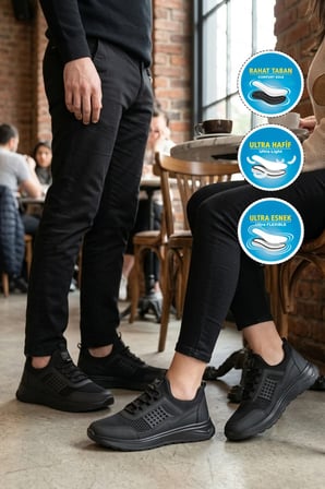 Siyah Fileli Hafif Esnek Kilit Bağcıklı Unisex Spor Ayakkabı Motano G