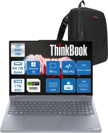Lenovo Thinkbook 16P Gen6 Iax Intel Core Ultra 9 275HX Aı Ddr5 80GB 1tb SSD 8GB/RTX5060 115W 16" 3.2k (3200X2000) IPS 500NITS 165Hz WINDOWS11PRO Gaming Laptop 21R0004CTXP35+ZETTAÇANTA