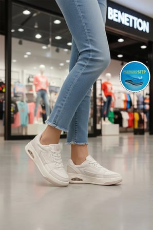Beyaz Bağcıklı Cilt Kadın Spor Ayakkabı BNI-12133 G