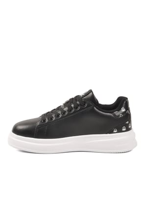 Siyah Beyaz Bağcıklı Cilt Unisex Spor Ayakkabı BNI-12098 G