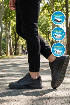 Siyah Büyük Numara Bağcıklı Cilt Erkek Spor Ayakkabı 158 M