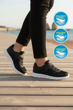 Siyah Beyaz Cırtlı Fileli Hafif Hava Alabilen Unisex Spor Ayakkabı 616 G