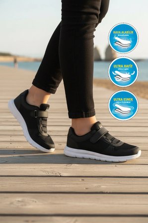 Siyah Beyaz Cırtlı Fileli Hafif Hava Alabilen Unisex Spor Ayakkabı 616 G