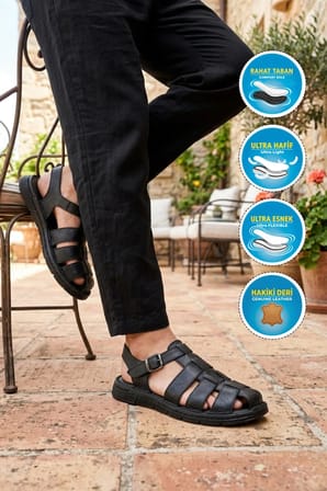 Siyah Hakiki Deri Erkek Günlük Sandalet PC-7462 M