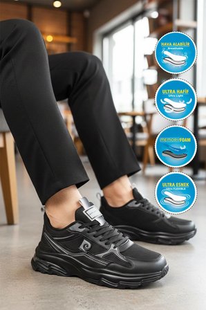 Siyah Fileli Hafif Esnek Hafızalı Taban Erkek Spor Ayakkabı PCI-11349 M
