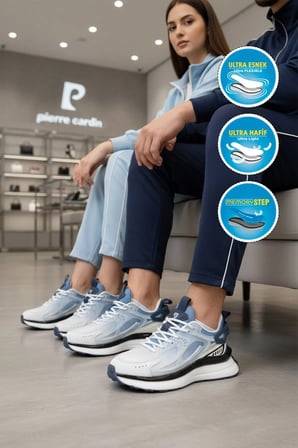 Beyaz Mavi Fileli Hafif Esnek Hafızalı Taban Unisex Spor Ayakkabı PCI-10106 G