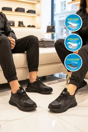 Siyah Fileli Hafif Esnek Hafızalı Taban Unisex Spor Ayakkabı PCI-10106 G