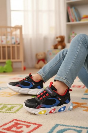 Siyah Cırtlı Işıklı Hafif Erkek Çocuk Spor Ayakkabı 2000  P