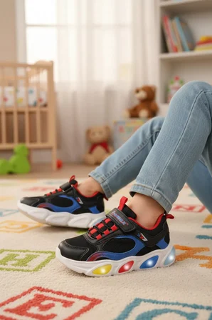 Siyah Cırtlı Işıklı Hafif Erkek Çocuk Spor Ayakkabı 2000  P