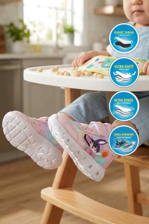 Pudra Cırtlı Işıklı Fileli Hafif Bebek Spor Ayakkabı 1015 B