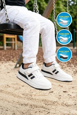 Beyaz Siyah Fileli Hafif Cırtlı Unisex Çocuk Spor Ayakkabı Stella F