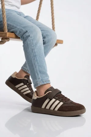 Kahve Bej Cırtlı Hafif Esnek Erkek Çocuk Spor Ayakkabı 753 F