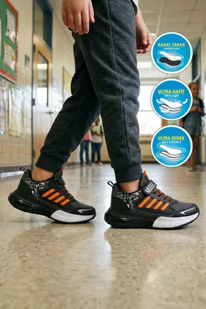Siyah Oranj Cırtlı Fileli Hafif Erkek Çocuk Spor Ayakkabı 748 F