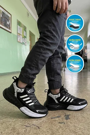 Siyah Beyaz Cırtlı Fileli Hafif Erkek Çocuk Spor Ayakkabı 748 F
