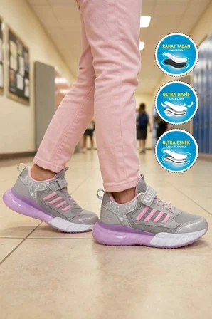 Buz Pembe Cırtlı Fileli Hafif Kız Çocuk Spor Ayakkabı 748 F