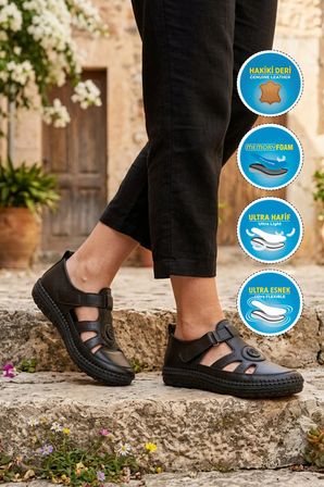 Siyah Hakiki Deri Anatomik Kadın Casual Ayakkabı Z520 Z
