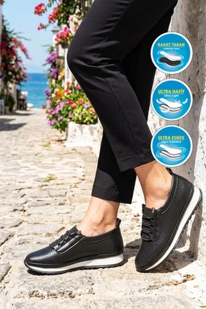 Siyah Hafif Lastik Bağcıklı Kadın Casual Ayakkabı BD-034 Z
