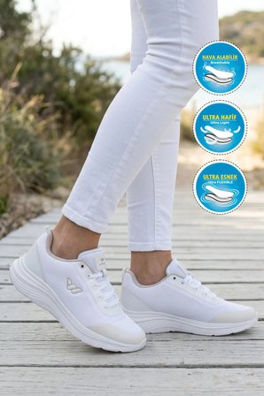 Beyaz Fileli Hafif Esnek Hava Alabilen Unisex Spor Ayakkabı Pete G